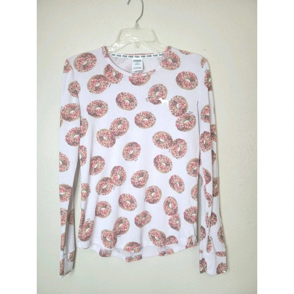 Victoria's Secret PINK Sleepwear Pajama Top Donuts Cozy Tee Long Sleeve Sz M‎